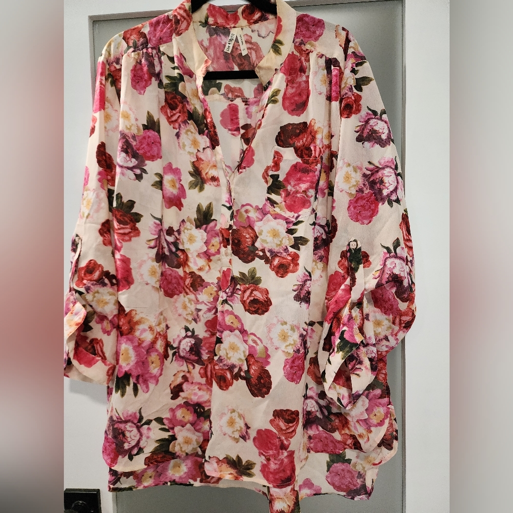 Live 4 Truth Sheer Top Pink Floral Roll Tab Sleeve Size 3X